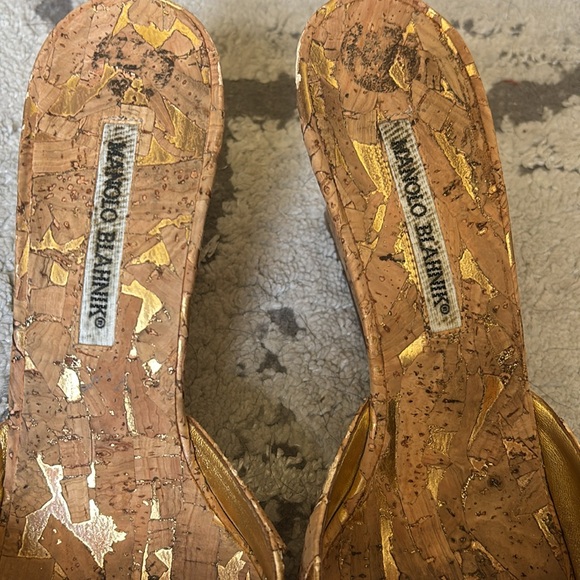 Pre-loved Manolo Blahnik Cork Wedge Sandals - Tan and Gold - Picture 5 of 6